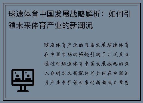 球速体育中国发展战略解析：如何引领未来体育产业的新潮流