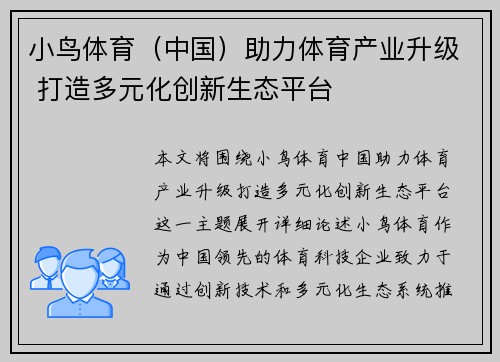 小鸟体育（中国）助力体育产业升级 打造多元化创新生态平台